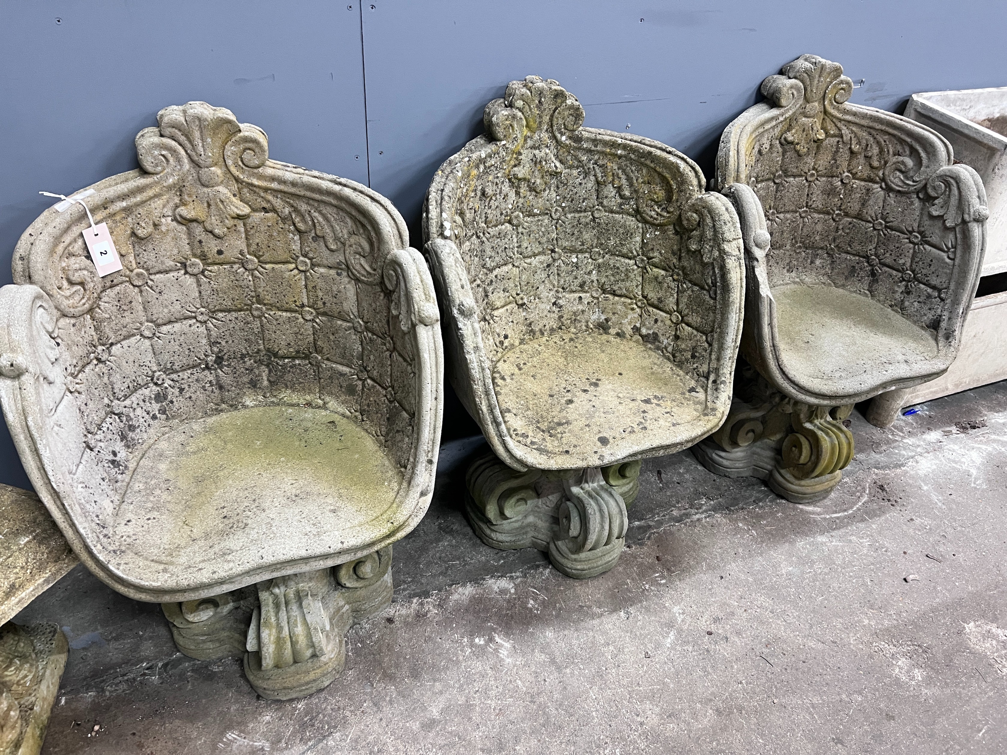 Three reconstituted stone tub garden chairs, width 45cm, depth 46cm, height 82cm, *Please note the sale commences at 9am.
